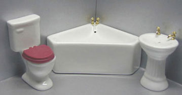 Dollhouse Miniature White Corner Tub Bath, 3Pc